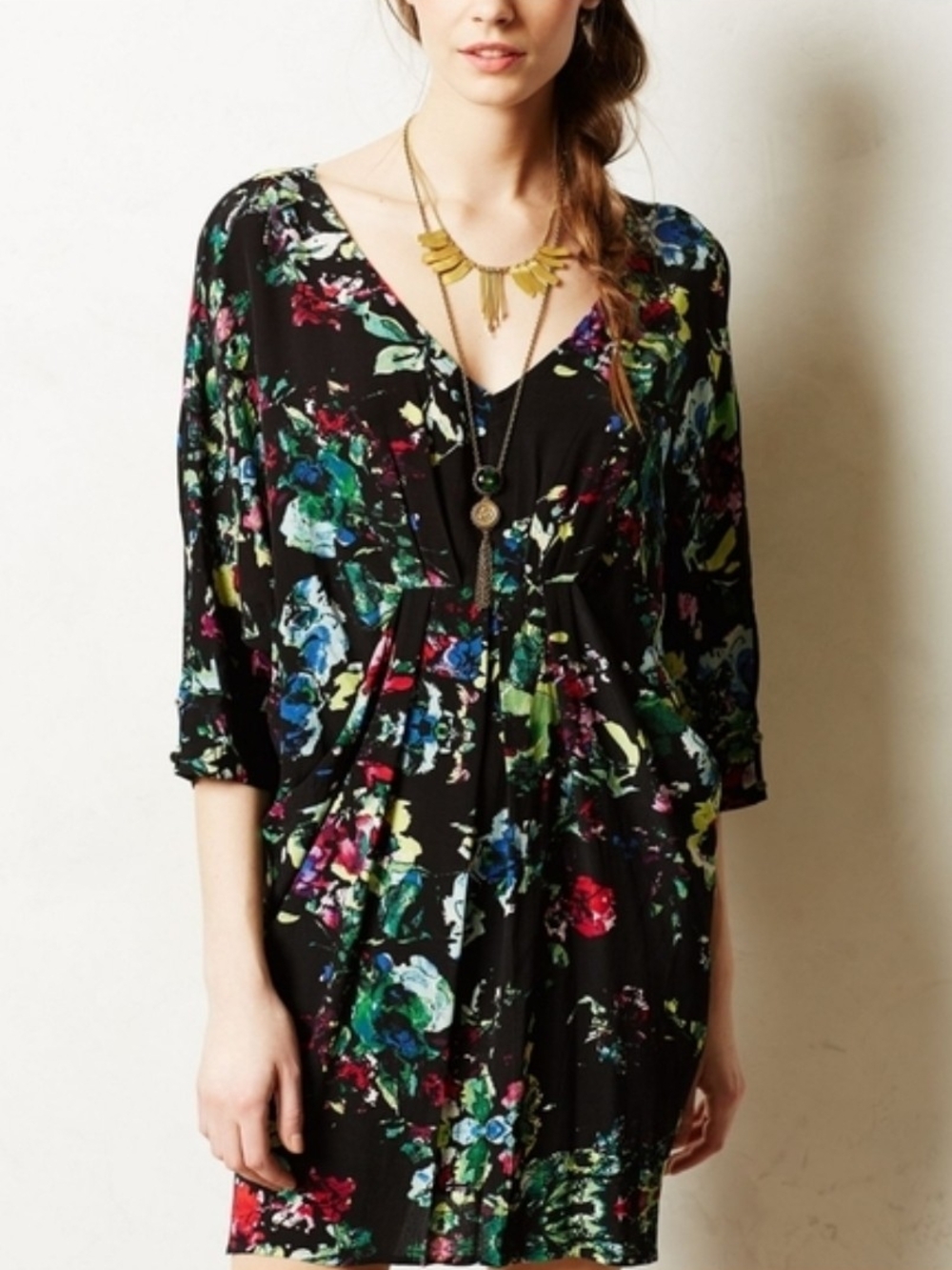 Maeve Anthropologie Petal Palette Tunic Dress, V-neck Dolman Sleeve Pockets XS